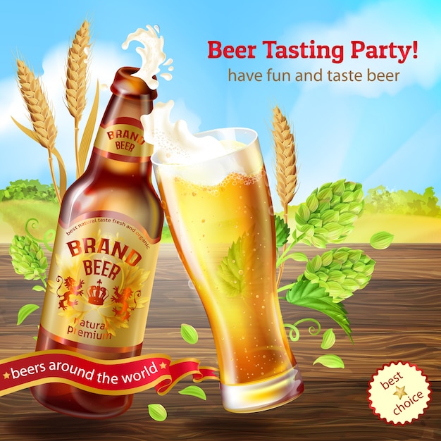 Bottiglia marrone di birra, banner di promozione per beer tasting party