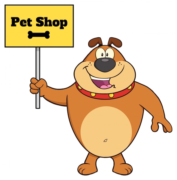 Vettore carattere della mascotte del fumetto del bulldog di brown che tiene un segno con il negozio di animali domestici del testo