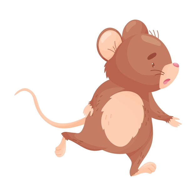 Brown cartoon mouse runs to the right Vector illustration on white background