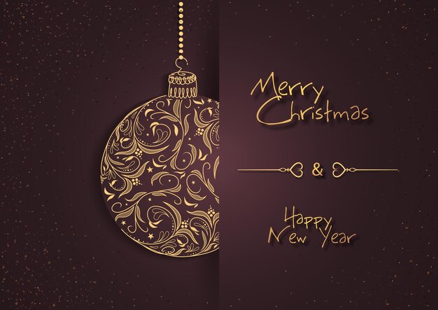 Brown christmas background with hanging golden christmas ball with floral pattern - dark background with brown-golden grainy dust and a paper flap with inscriptions, vector