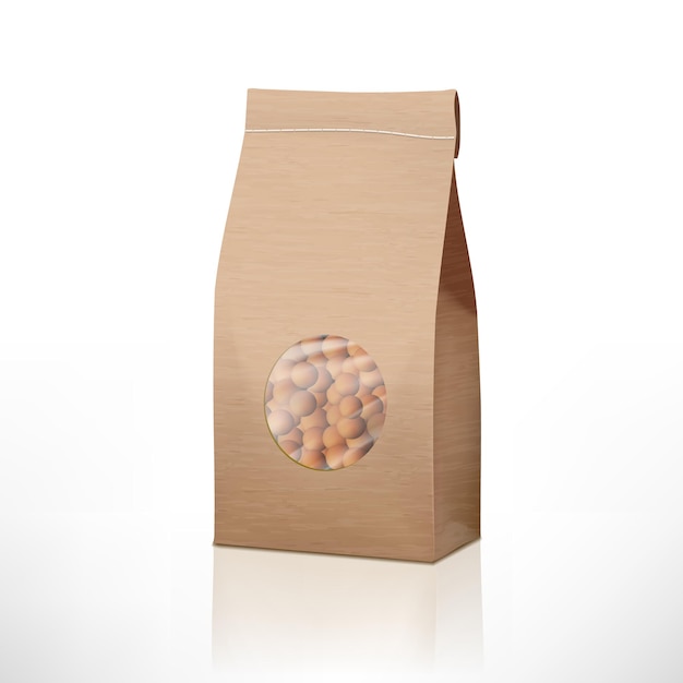 Vector brown craft paper peas bag packaging with transparent window