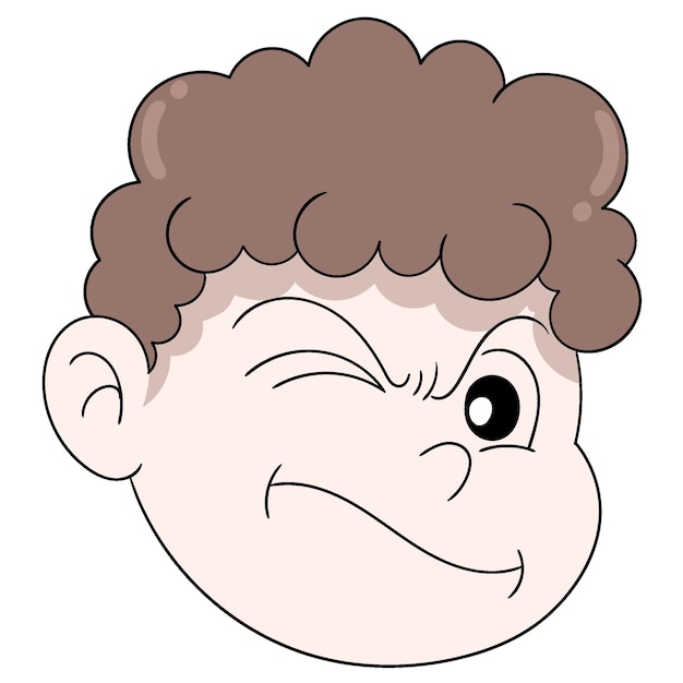 Vector brown curly haired boy head emoticon is winking sore eyes