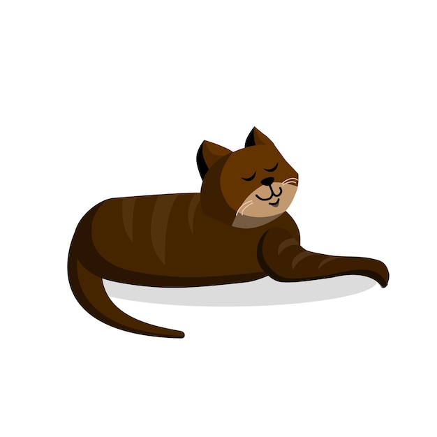 Brown cute cat lies on an isolated background. Vector cartoon illustration.