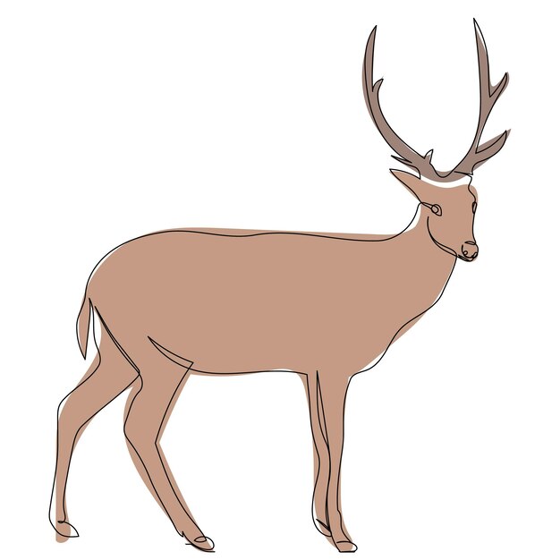 Vector brown deer drawing by one continuous line, isolated