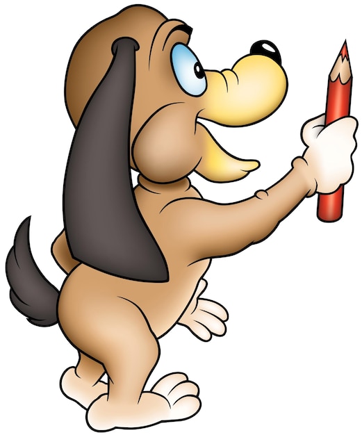 Brown doggy holding red crayon in his paw as cartoon illustration