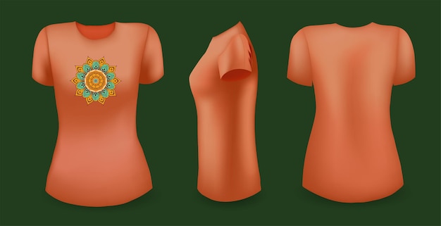 Коричневая женская футболка с мандалой спереди сзади и вектором сбоку