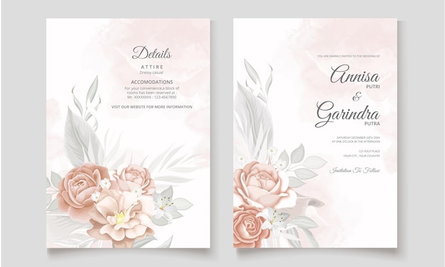 Brown Floral wedding invitation template set with elegant   leaves decoration  