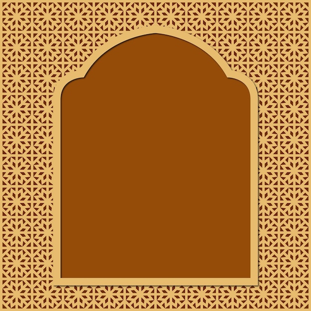 アーチのある金枠のアラビア語の背景を持つ窓の茶色のフレーム