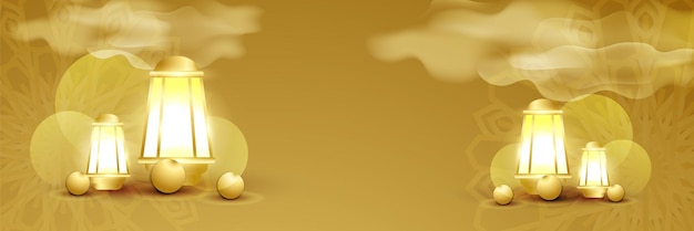 茶色と金色のランタンカラフルなラマダンバナーデザインの背景イスラムラマダンカリームバナー背景三日月形の月の星モスクランタンベクトル図