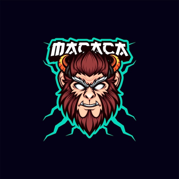 Vector brown-haired monkey head with golden horn mascot logo