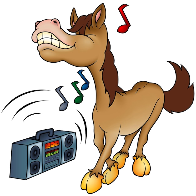 Brown Horse Dancing to Music from a Portable Tape Recorder as Cartoon Illustration