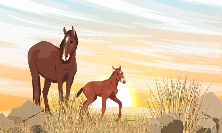 A brown horse with a white spot and its foal are walking along a desert rocky area with stones