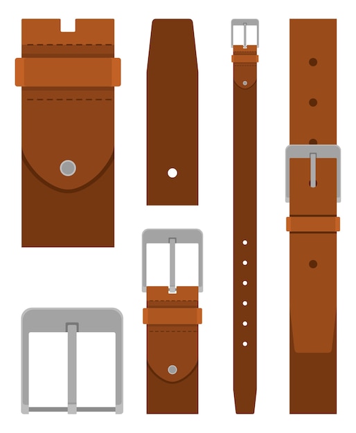 Vector brown leather belt collection with buckle