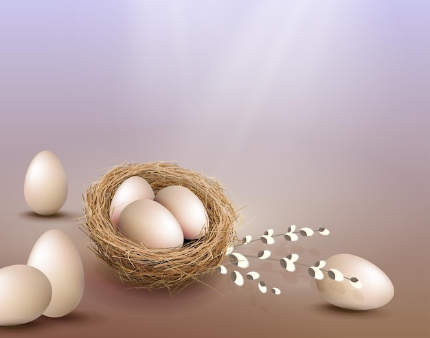 Коричневая светлая композиция с пасхальными яйцами в гнезде