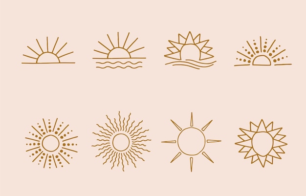 Logo del sole della linea marrone con pieno e mezzo