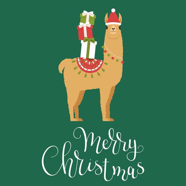 Vector brown llama in winter hat with christmas gifts