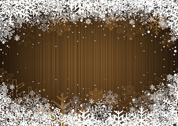 Brown mahogany striped background with frame created from snowflakes and dotted snow