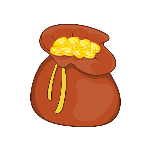 Brown money bag full of gold coins icon in cartoon style on a white background