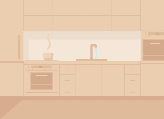 Illustrazione vettoriale di colore piatto cucina monocromatica marrone. mobili moderni in sala da pranzo. appartamento con elettrodomestico. interni di cartoni animati 2d per la casa con mobili moderni sullo sfondo