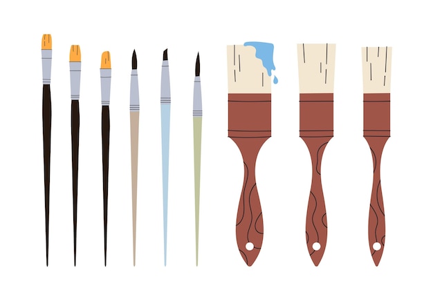 Vettore penna da vernice marrone e multicolore con una macchia rossa di vernice strumento set per il lavoro di un artista