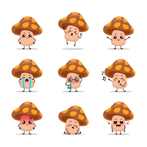 Vector brown mushroom character icon animation cartoon mascot sticker expression talking activity singing sick love