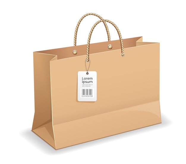 Brown paper bag shopping with rope handles and label template mock up design isolated