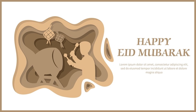 искусство слоя коричневой бумаги с текстом happy eid mubarak for idul fitri card