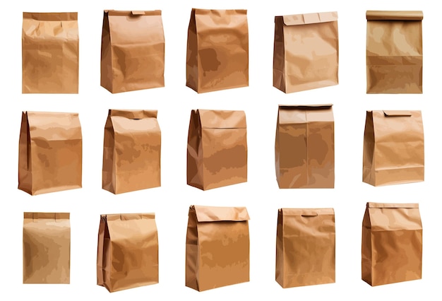 Vector brown paper lunch bag vector set isolated on white background