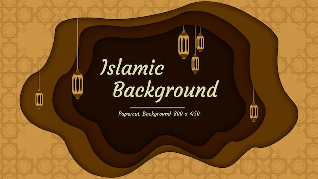 Brown Papercut and Lantern on Islamic Background in Vector