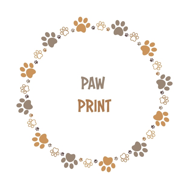 Brown paw circle frame with dog animal footprints vector illustration