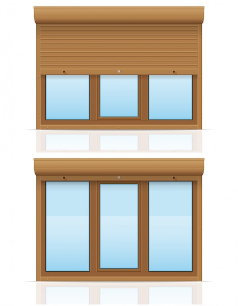 Brown plastic window with rolling shutters vector illustration