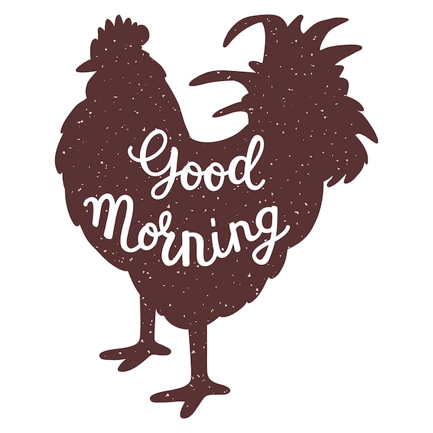 「おはよう」の文字が書かれた茶色の雄鶏