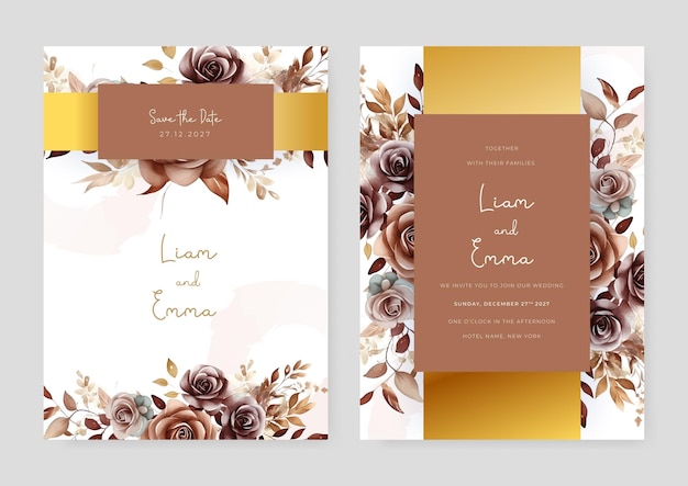 Brown rose modern wedding invitation template with floral and flower