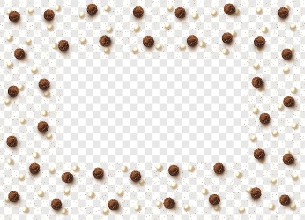 Brown round chocolates, pearls and placer of glitter isolated on transparent background.