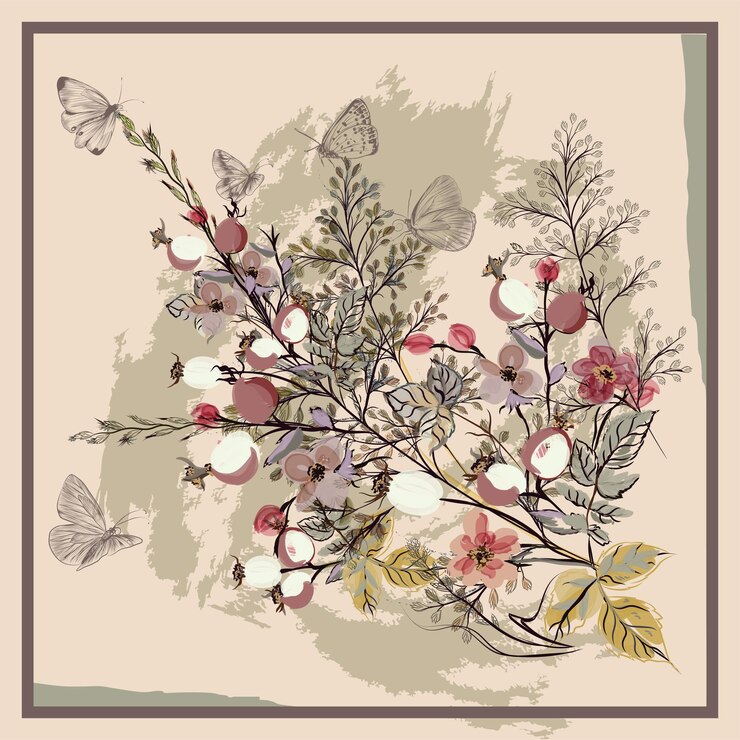 Brown scarf leaf with brush background and butterfly design