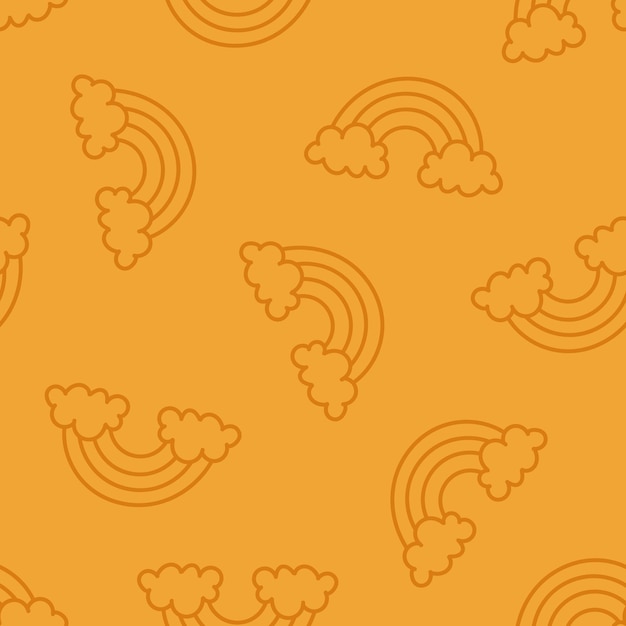 Brown seamless pattern with outline rainbows and clouds