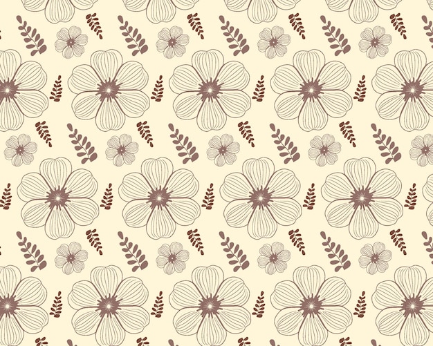 Vector brown sixpetal flowers and leaves on light beige background