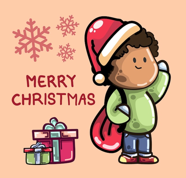 Vector brown skinned african boy standing with happy face on christmas