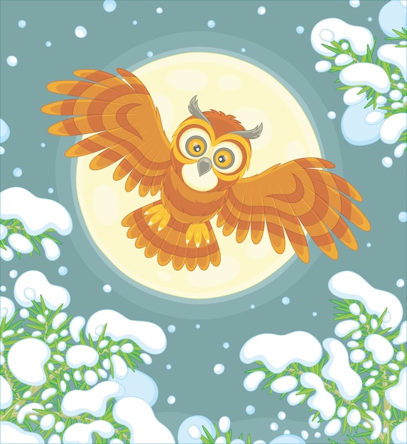 Vector brown striped owl with big round eyes flying in the moonlit winter sky