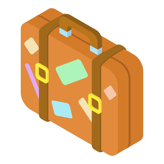 Brown suitcase with stickers icon Isometric 3d illustration of suitcase vector icon for web