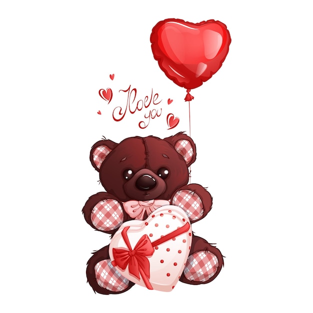 Коричневый плюшевый мишка с коробкой конфет, украшенной бантом и воздушным шариком в виде сердца. надпись надписи.