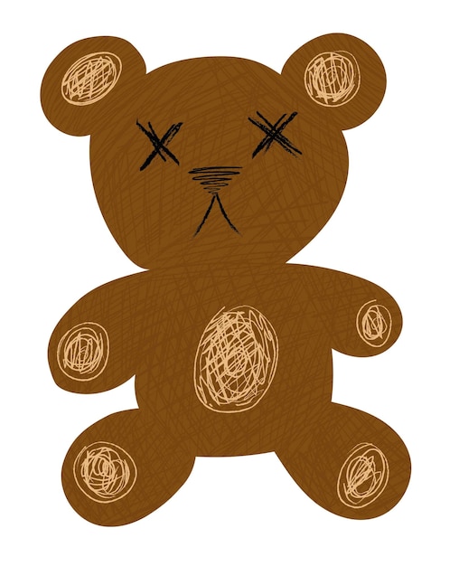 BROWN TEDDY BEAR WITH CROSS EYES CRAYON PAINTED STYLE