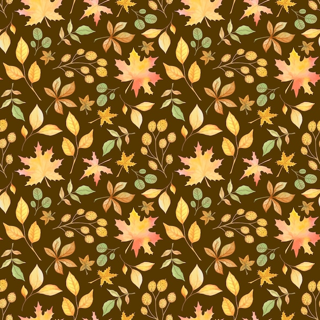 BROWN VECTOR SEAMLESS PATTERN WITH WATERCOLOR YELLOWING AUTUMN LEAVES