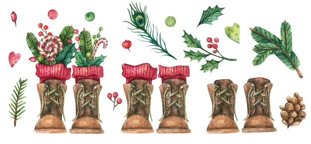 Stivali vintage marroni con calzini rossi decorati con decorazioni natalizie di capodanno (caramello, rami di albero di natale, bacche, foglie)