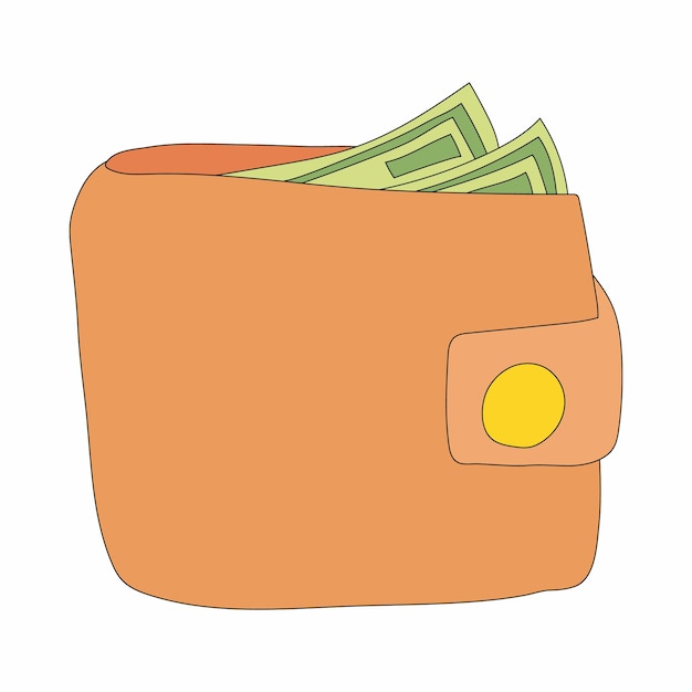 Brown wallet with cash icon in cartoon style on a white background