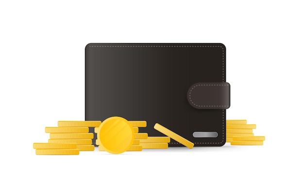 Brown wallet with coins. Men's wallet with gold coins in 3d. 