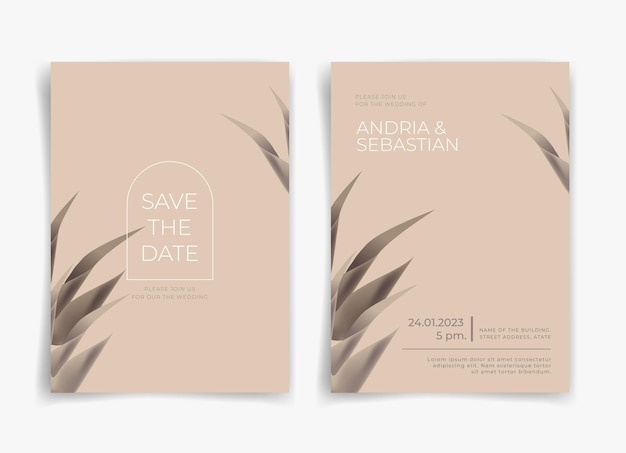 Brown wedding card or invitation card with leaf theme front side and back side Nature wedding card Nature cover Wedding card template