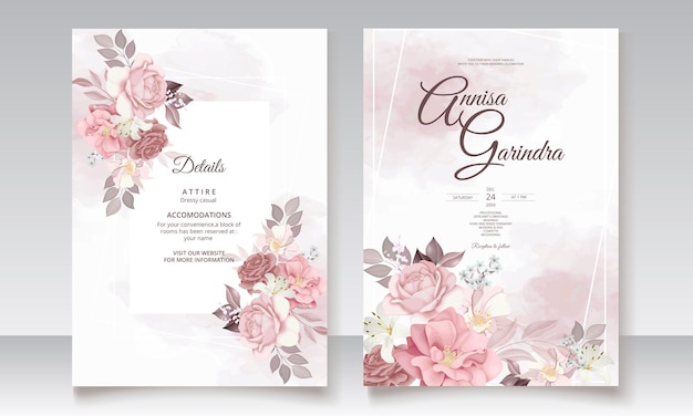 Brown wedding invitation template set with floral frame Premium Vector