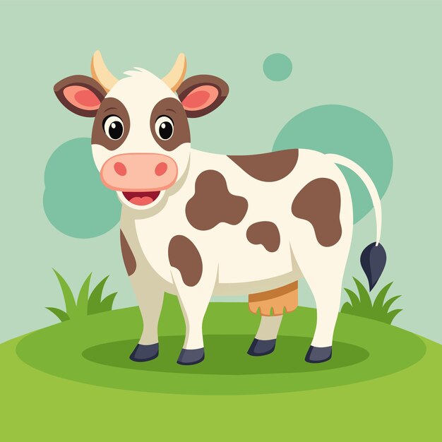 Vector a brown and white dairy cow peacefully grazing on a lush green field a dairy cow with a sweet smile standing peacefully in a lush green pasture simple and minimalist flat vector illustration