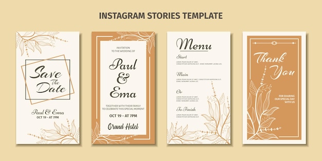 Brown white Instagram stories template for wedding invitation with floral line art